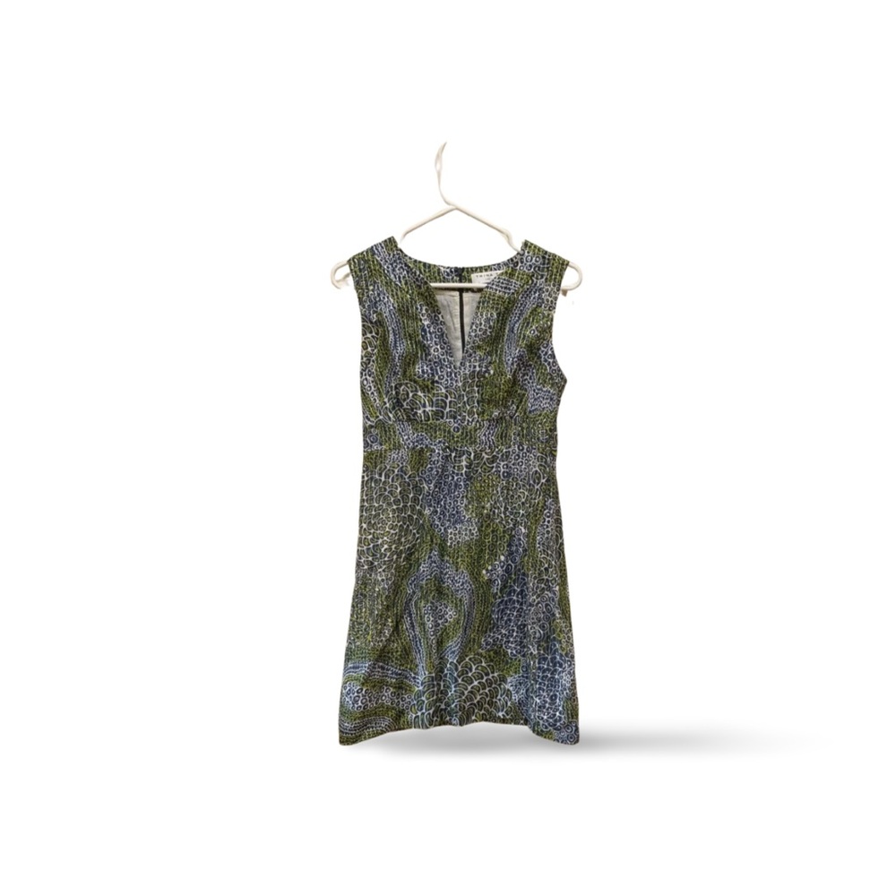 Trina Turk Pasadena Metallic Jacquard Shift Dress Green Blue Geometric Size 4
